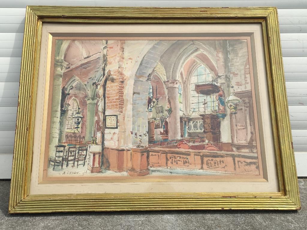 quarelle intérieur église signe Amédée lynen fils, Antiquités & Art, Enlèvement ou Envoi