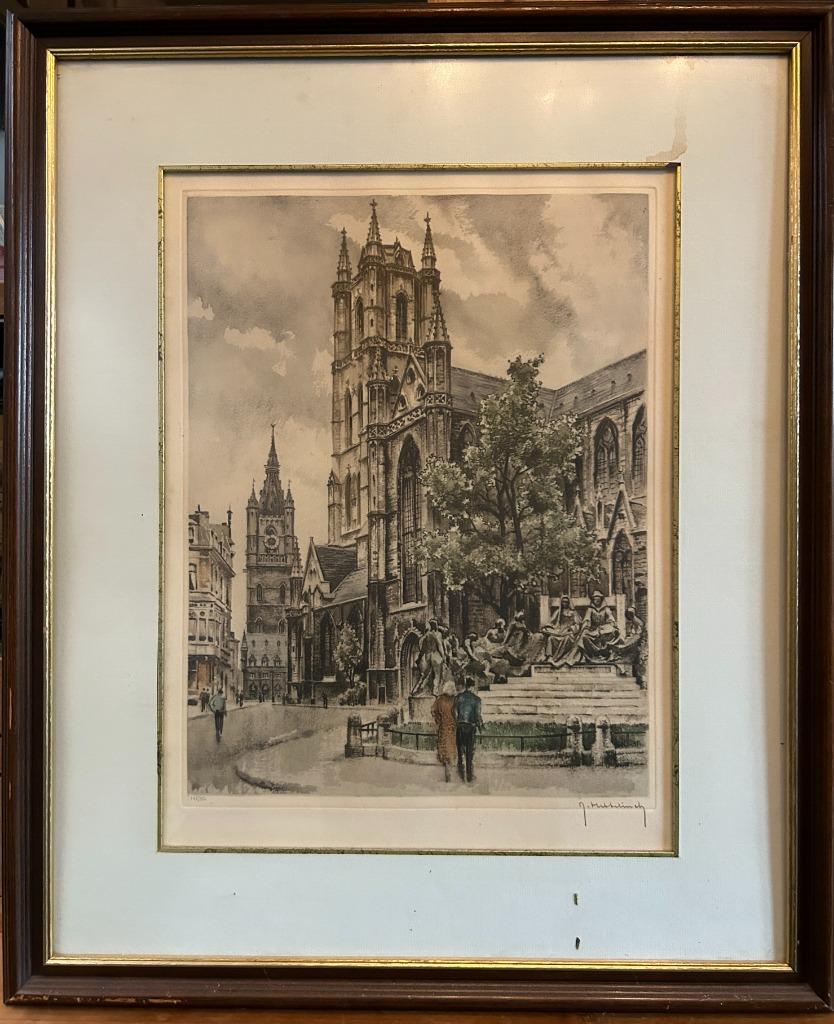Reproductie Aquarel Sint-Baafskathedraal Gent met Belfort., Antiek en Kunst, Kunst | Tekeningen en Fotografie, Ophalen