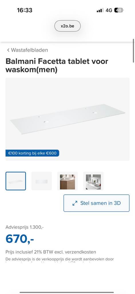 Tablette pour lavabo BALMANI Facetta, Lavabo ou Évier, 150 à 200 cm, Comme neuf, Enlèvement