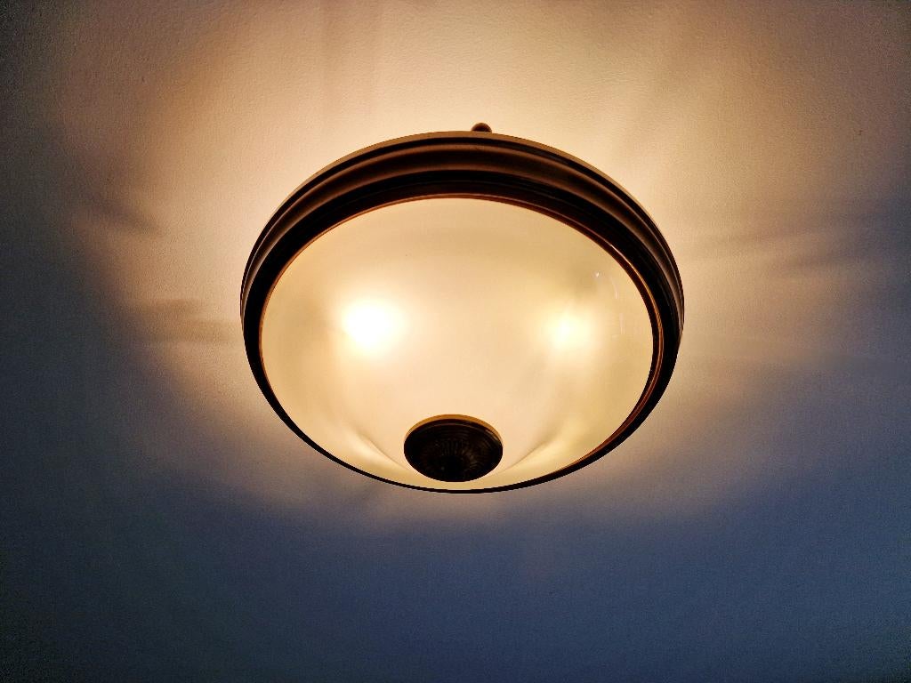 Mid-Century plafondlamp in messing en witte opaline,1950, Ophalen of Verzenden