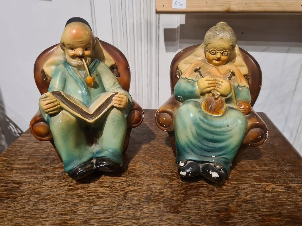 Vintage boekensteunen oma en opa in de zetel, Ophalen of Verzenden