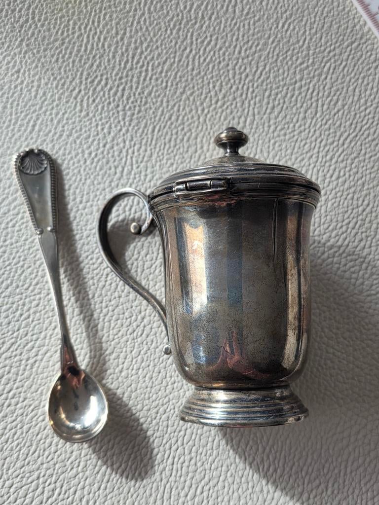 Zilveren mosterdpot met lepel, Antiek en Kunst, Ophalen of Verzenden