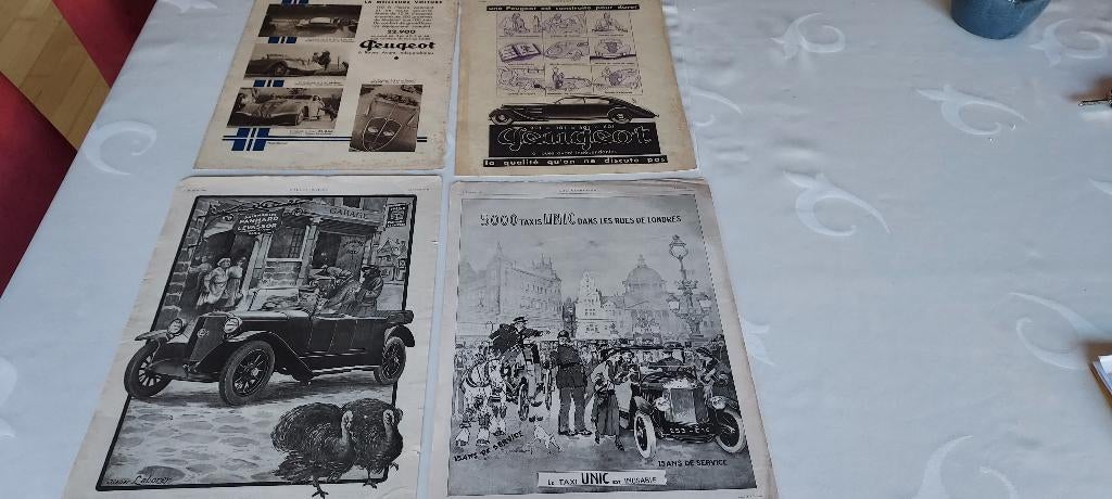 4 oude reklames van auto's, jaren '20-'30, Collections, Envoi, Comme neuf, Panneau publicitaire