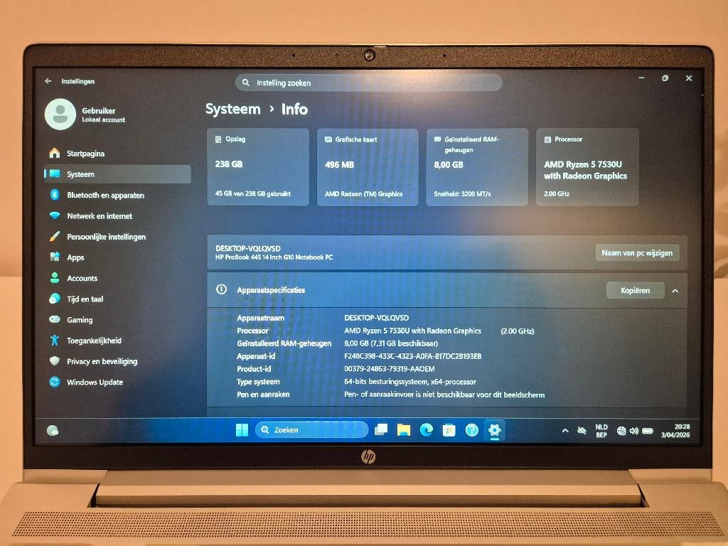 HP Probook 445 G10 | Ryzen 5 | 8GB RAM | 256GB SSD, Computers en Software, Windows Laptops, 256 GB, Met videokaart, 2 tot 3 Ghz