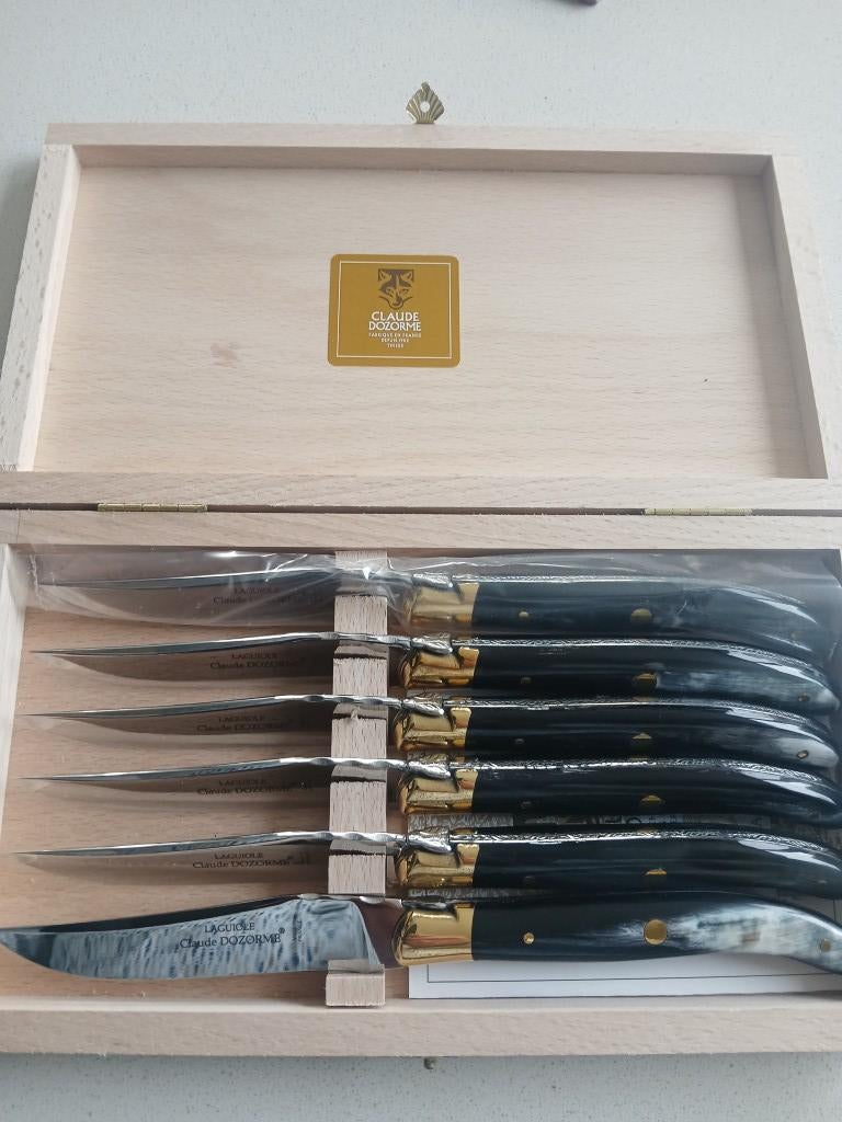 COFFRET 6 COUTEAUX LAGUIOLE CLAUDE DOZORME EN CORNE NOIRE, Enlèvement, Neuf, Inox ou Chrome, Ensemble de couverts