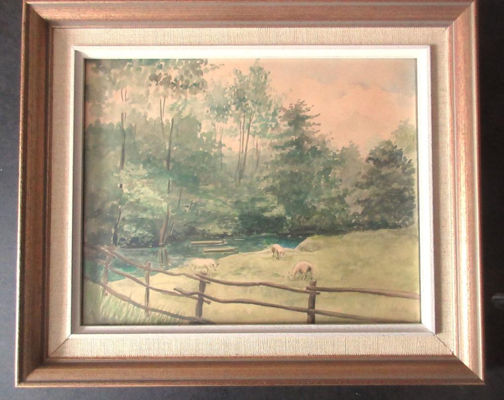 Aquarel "waterloop met schapen" Bokrijk -Lucien Boschmans, Antiek en Kunst, Ophalen of Verzenden