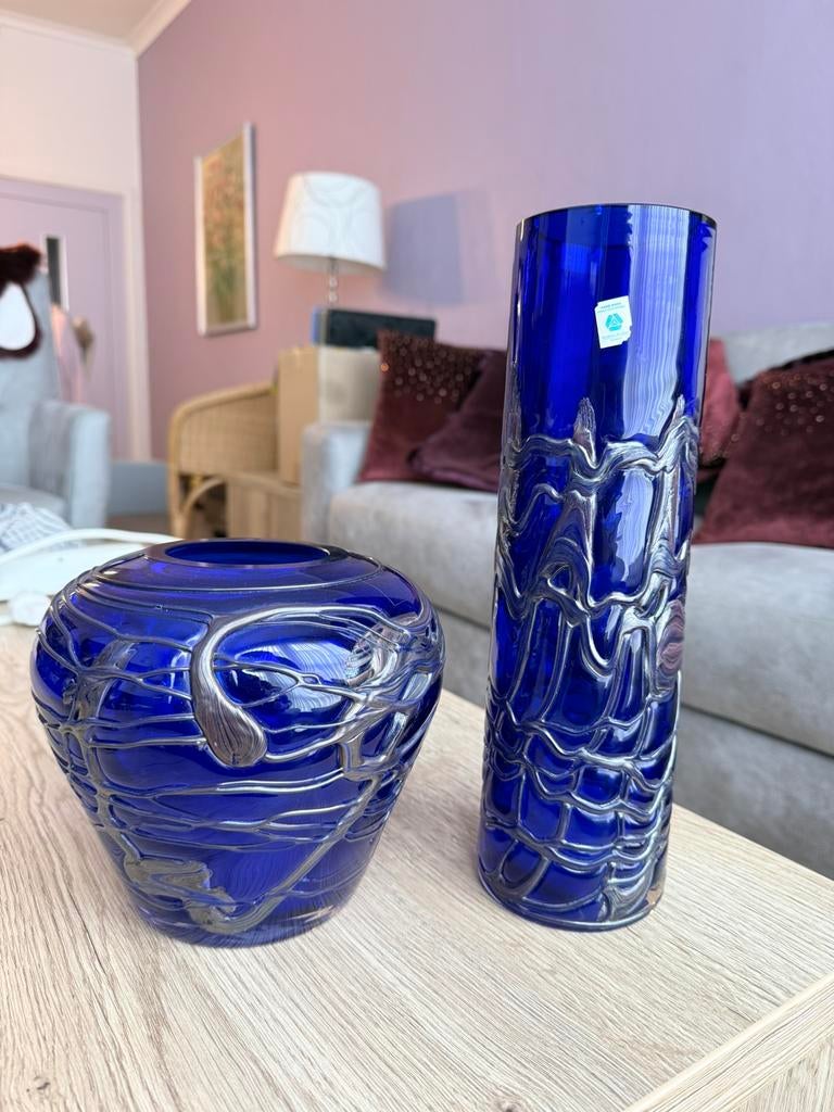 Blauwe handgemaakte vazen - Vsetin Bohemia Art Glass, Ophalen, Blauw, Minder dan 50 cm, Glas