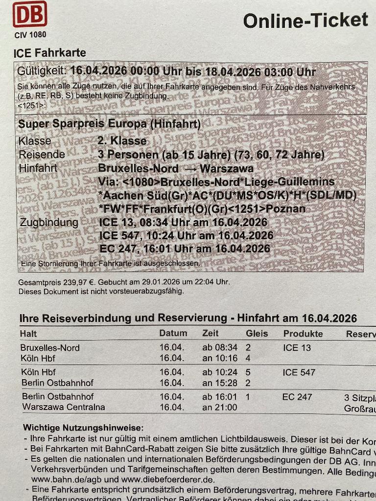 Treinticket Brussel - Köln - Berlin - Warszawa, Tickets en Kaartjes, Eén persoon, Trein, Met bestemming of datum