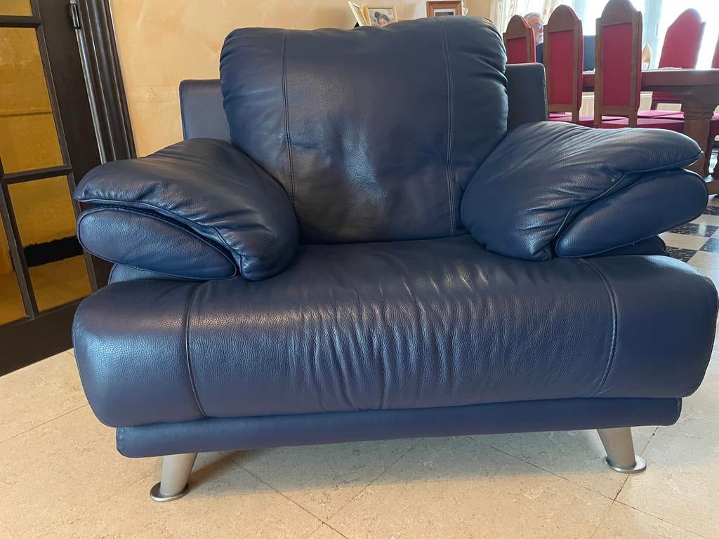 Fauteuil cuir véritable bleu 1 place largeur 1,10cm, 75 à 100 cm, Moderne intemporel cuir, Comme neuf, Enlèvement