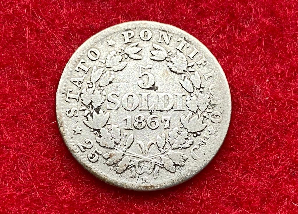 Ancienne Pièce Italienne de 5 Soldi de 1867 R en Argent, Enlèvement ou Envoi, Argent