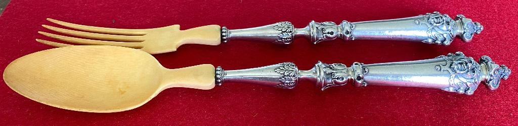 Couverts de Service Art Nouveau en Argent Massif et Os, Antiquités & Art, Antiquités | Argent & Or, Argent, Enlèvement ou Envoi