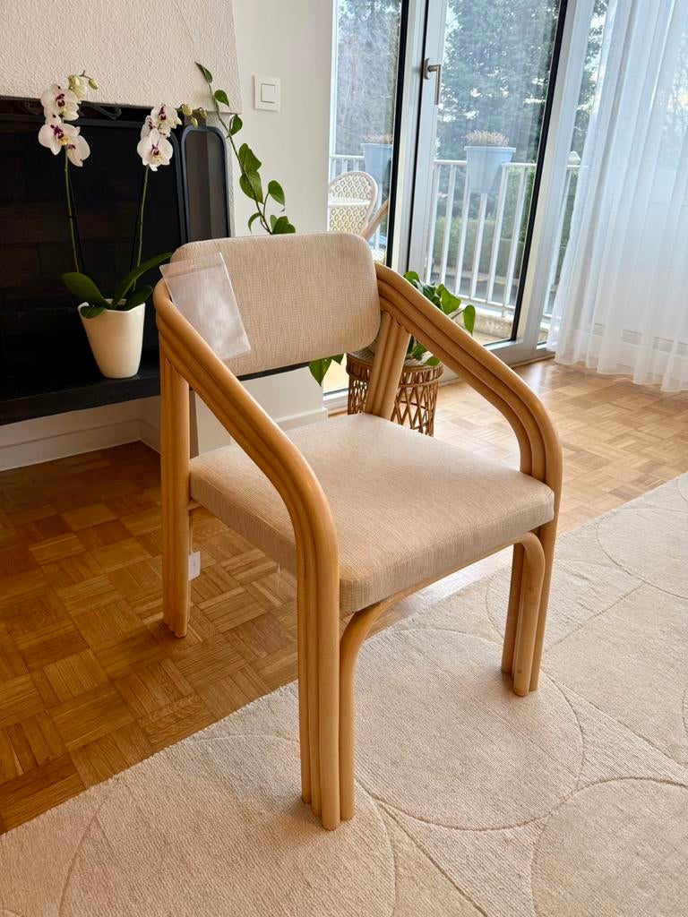 Fauteuil de table en rotin et textile beige, Ophalen, Zo goed als nieuw, 50 tot 75 cm, Riet of Rotan