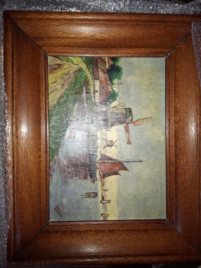 Havenzicht Bootje en molen A. Brugman, Antiek en Kunst, Kunst | Schilderijen | Klassiek, Ophalen of Verzenden