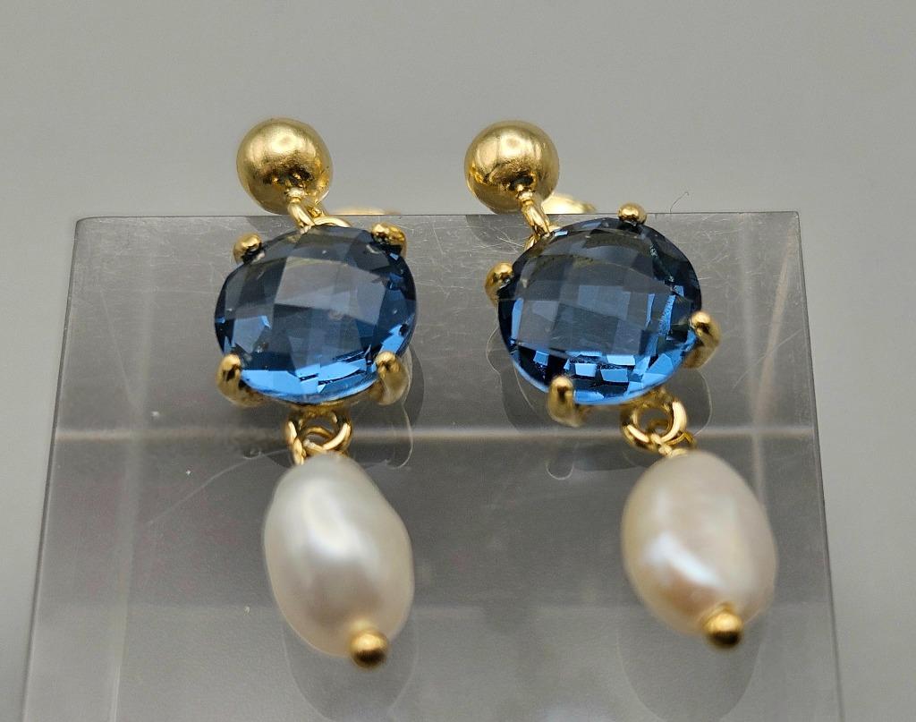 Boucles d'oreilles en or 14 carats avec topazes et perles ar, Bijoux, Sacs & Beauté, Boucles d'oreilles, Enlèvement ou Envoi, Or