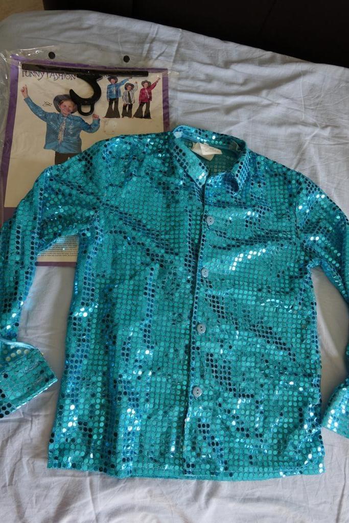 carnaval verkleedkledij blauw glitter hemd maat 140, Ophalen of Verzenden, Gebruikt, 134 t/m 140, Jongen of Meisje