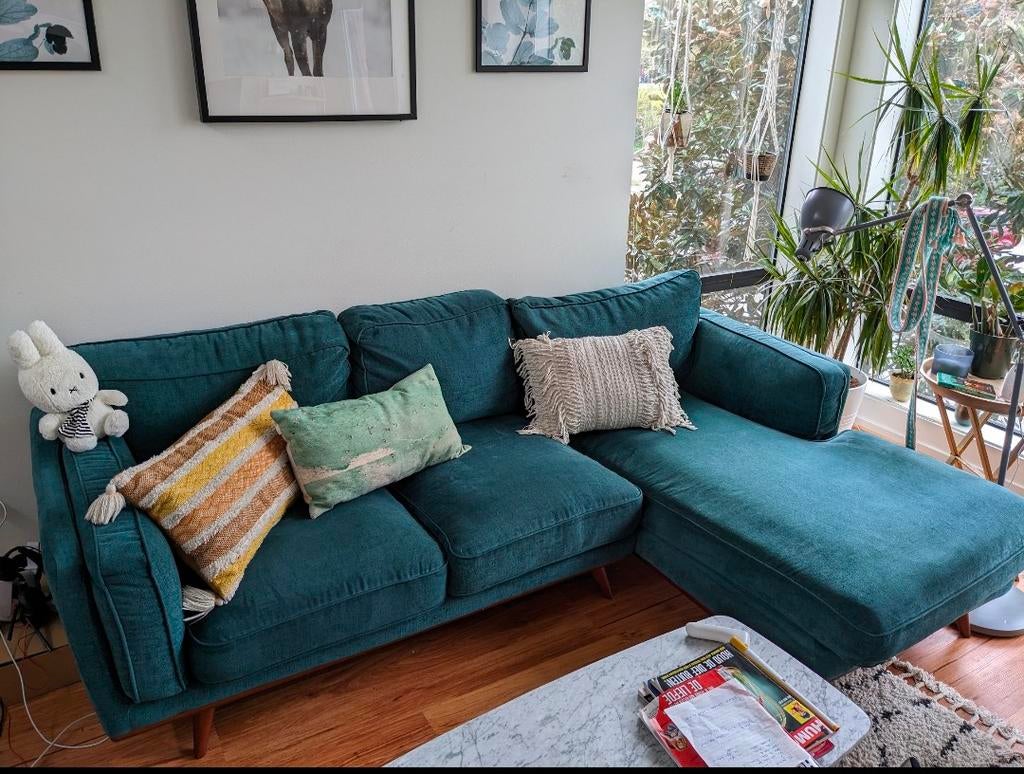 Blauw groene L-zetel, Ophalen, Zo goed als nieuw, Stof, Gezellig modern