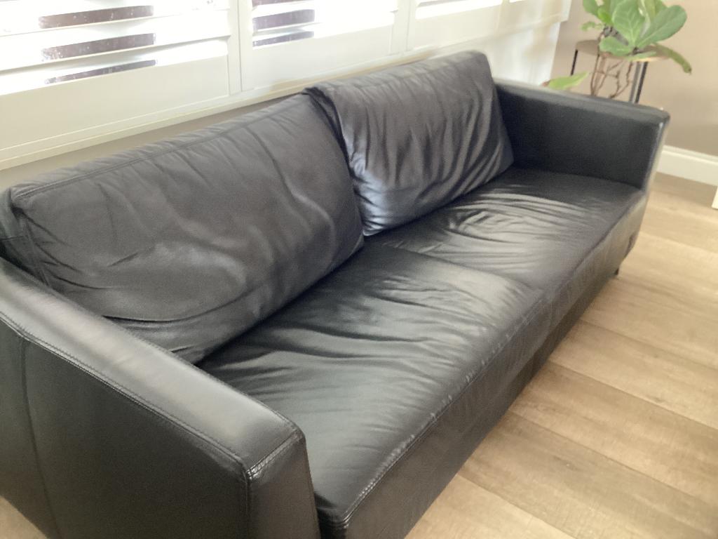 Zwart leren Bankstel Italiaans desig, Huis en Inrichting, Ophalen, Driepersoons, Zo goed als nieuw, 200 tot 250 cm