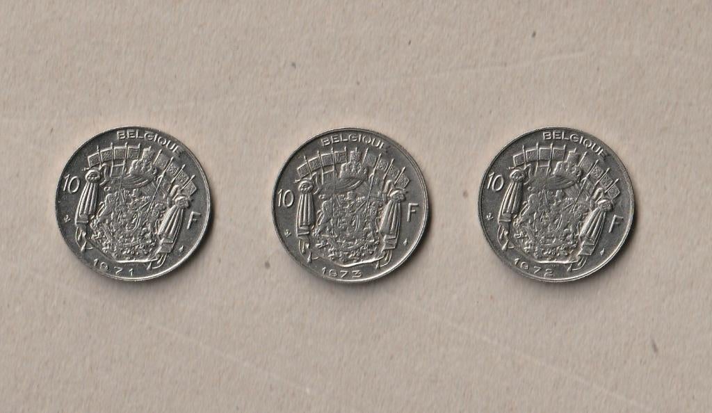 België : 3 (gebruikte) munten van 10 fr. (1971-1972-1973), Ophalen of Verzenden, Setje