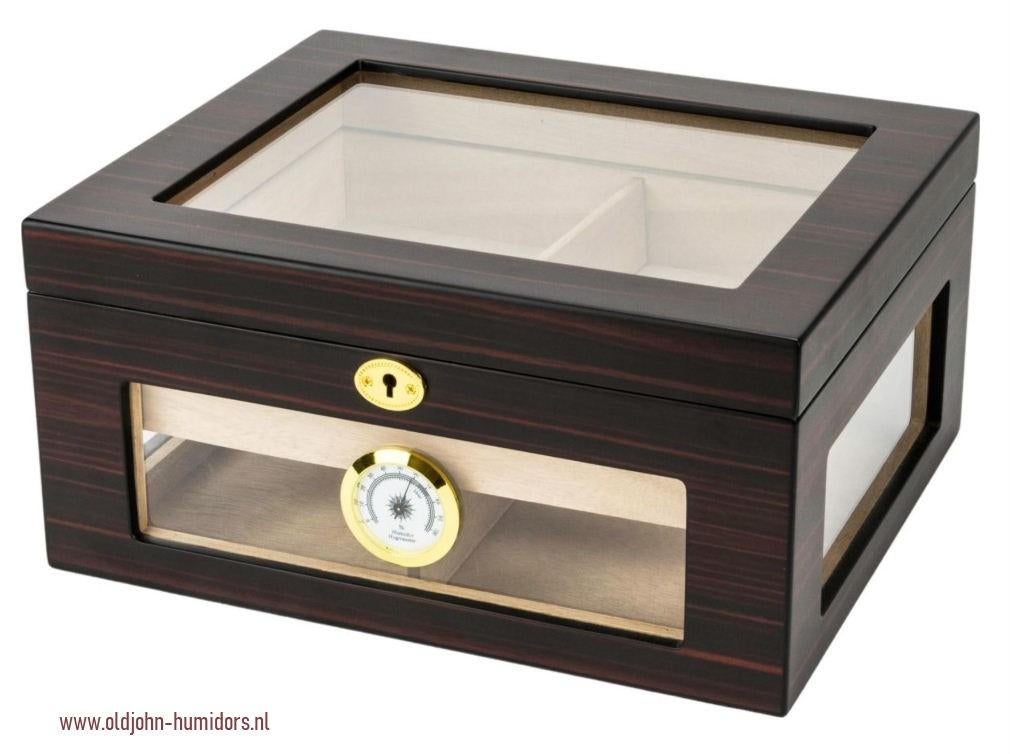 HUMIDOR EBONY - GLASS TOP - RONDOM DOORZICHT -SLOT –TRAY H09, Verzamelen, Rookartikelen, Aanstekers en Luciferdoosjes, Nieuw, Tabaksdoos of Verpakking
