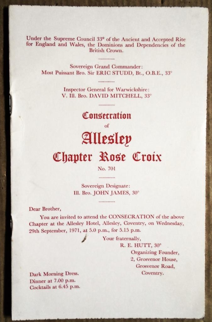 Consecration of Allesley Chapter Rose Croix No. 701 - 1971, Enlèvement ou Envoi, Editorial, Utilisé, Autres sujets/thèmes