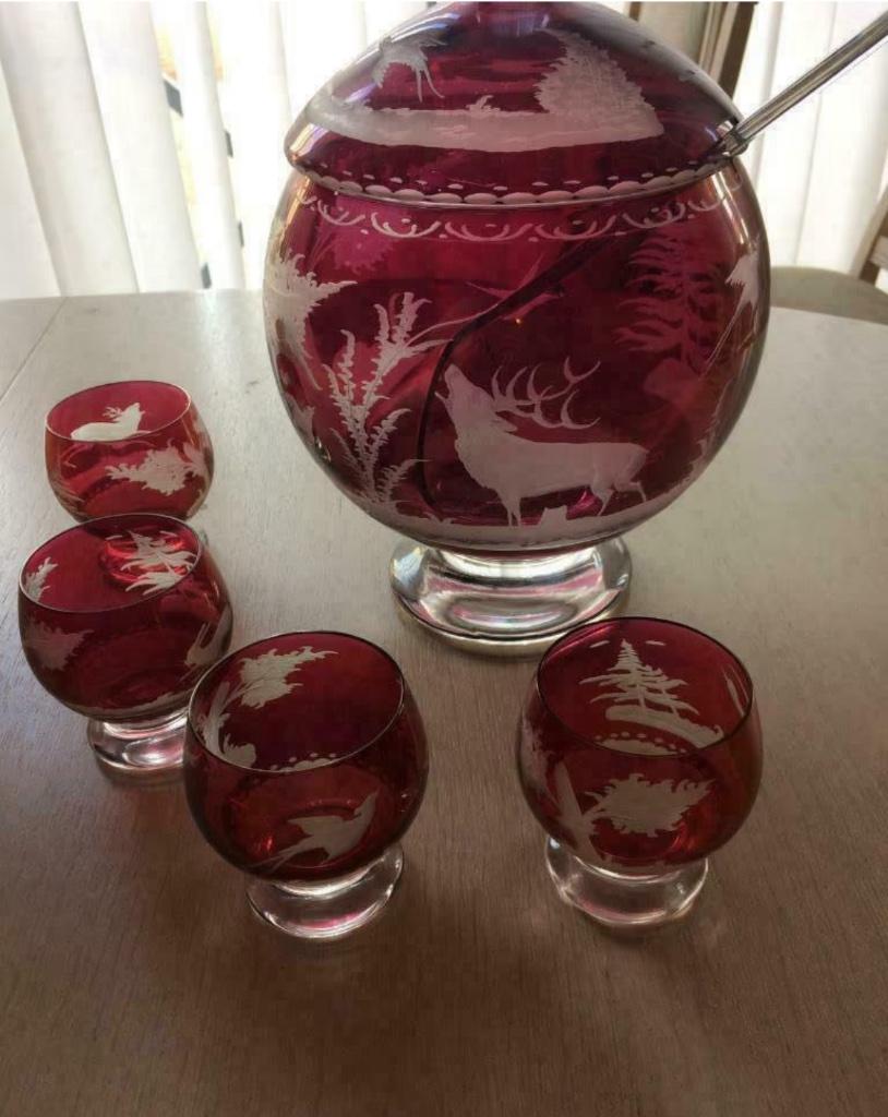 Boheems kristal punch kom met 5 glaasjes, Ophalen of Verzenden