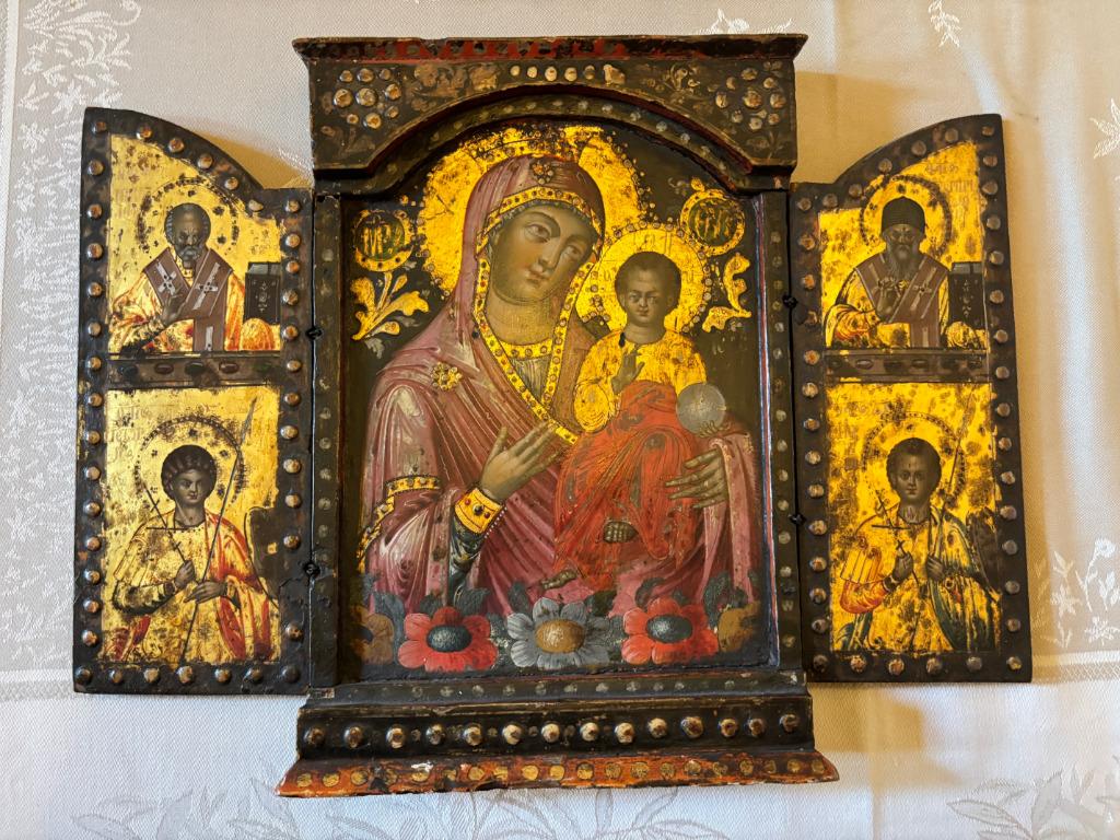 Triptyque icône grecque orthodoxe ancienne 17ème siècle, Enlèvement ou Envoi