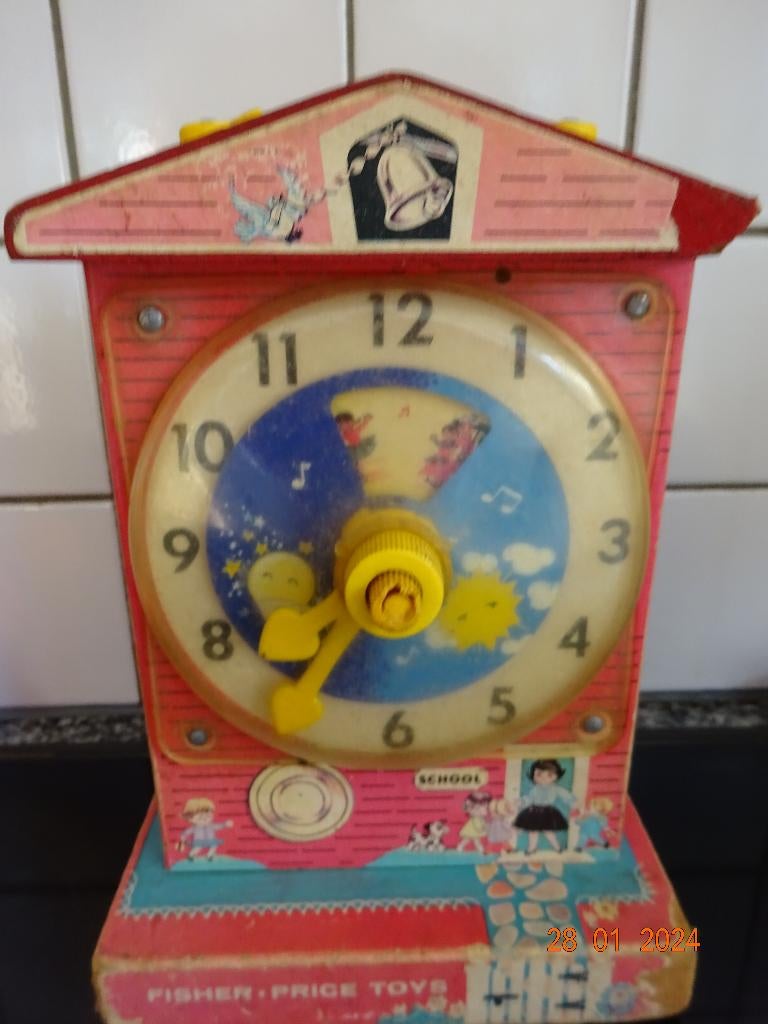 Vintage Fisher-Price learning klok opwindbare muziekdoos, Ophalen of Verzenden, Met geluid