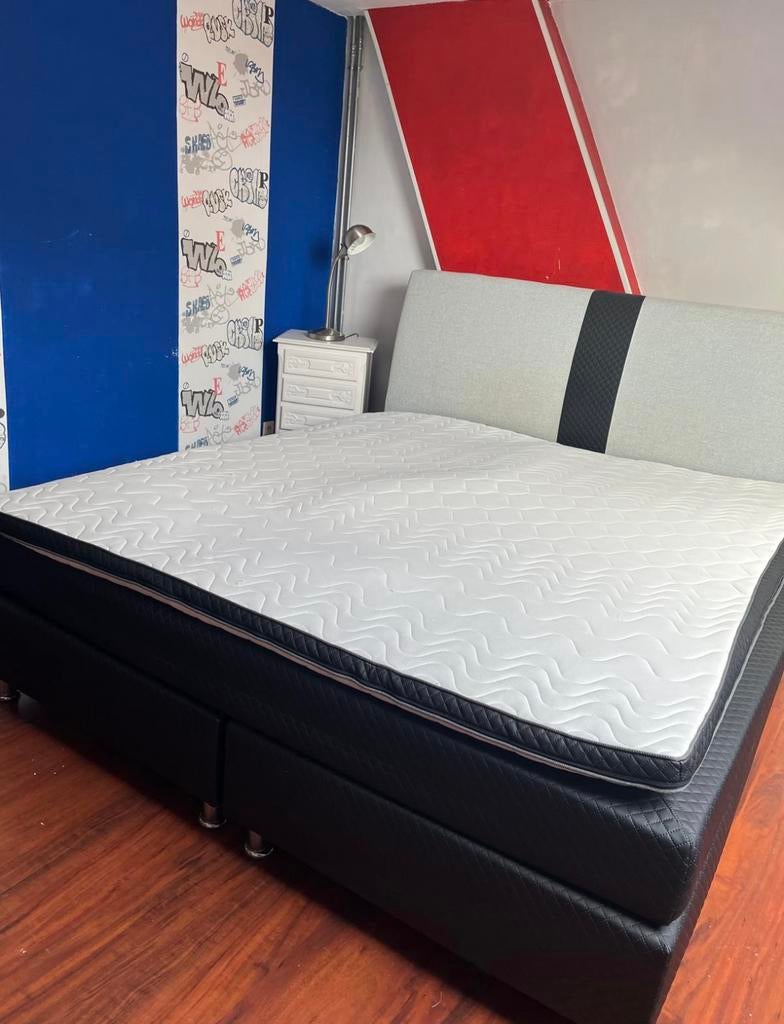 Lit 2 personne box spring gris noir 160x200, Maison & Meubles, Enlèvement, Utilisé, Gris