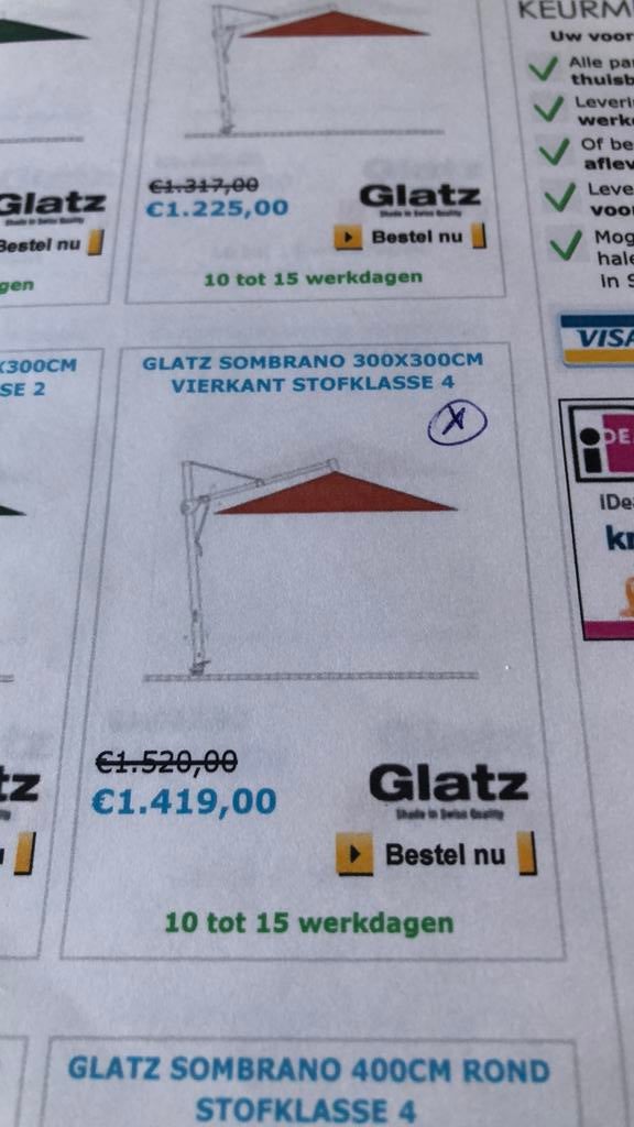 Glatz Sombrano, 3 x 3 m Sans pied., Jardin & Terrasse, Enlèvement, Utilisé, Parasol flottant, Réglable