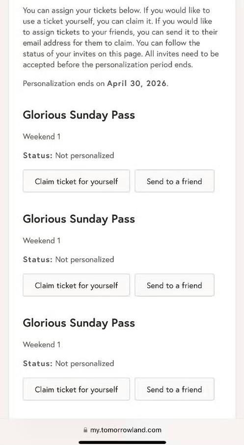 1 Ticket Tomorrowland Glorious Sunday weekend 1, Deux personnes