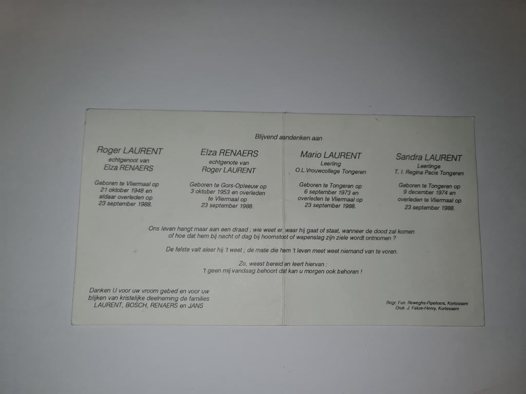 Bidprentje gezinsdrama Vliermaal, Ophalen of Verzenden, Bidprentje