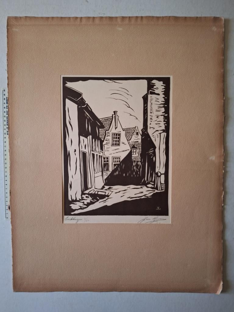 Houtsnede of linosnede van Enkhuizen door Jean Laenen, Antiquités & Art, Enlèvement ou Envoi