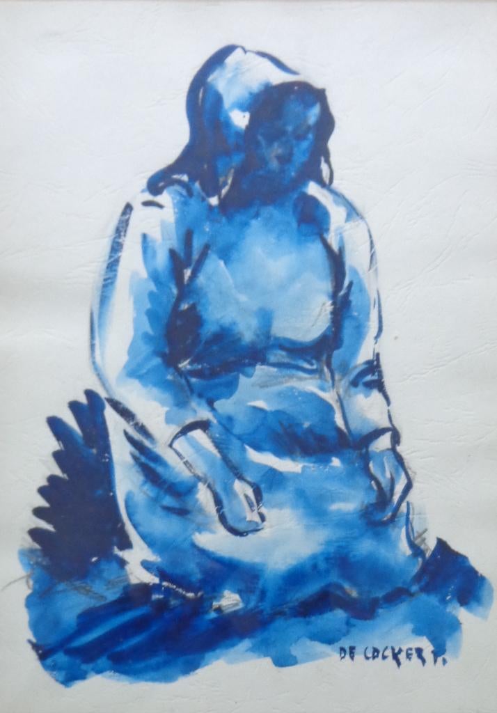 DE COCKER / ZITTENDE VROUW / ORIGINEEL / 37x28cm / KADER SIG, Antiquités & Art, Enlèvement ou Envoi