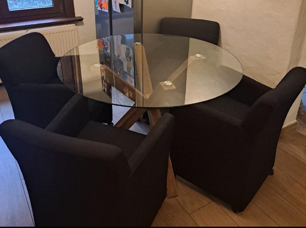 Ronde glazen eettafel + 4 stoelen (modern design), Ophalen