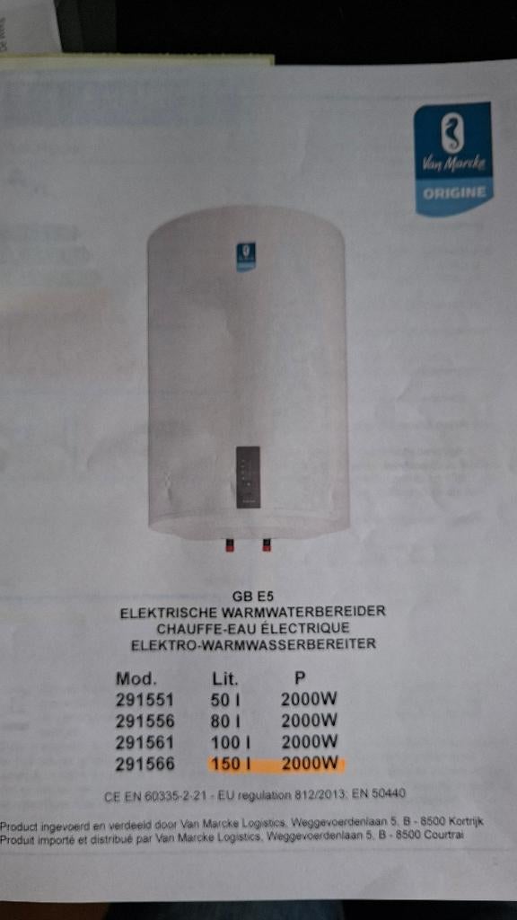 Chaudière électrique Van Marcke 150L, Moins de 3 ans, Boiler, Enlèvement, Utilisé