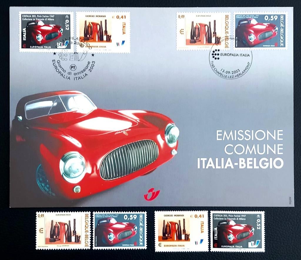 Europalia Italië souvenirkaart 2003 + postzegels, Verzenden, Gestempeld, 1e dag stempel, Gestempeld
