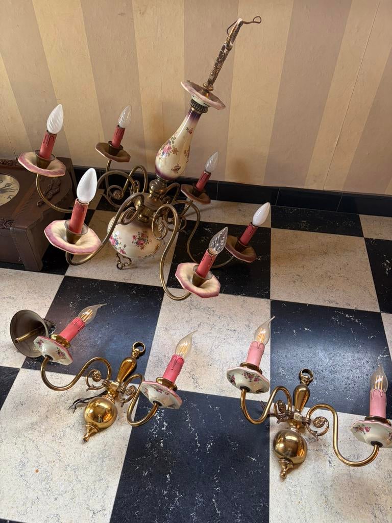 Vintage kroonluchter met bijpassende muurlampen, Ophalen, Italiaans