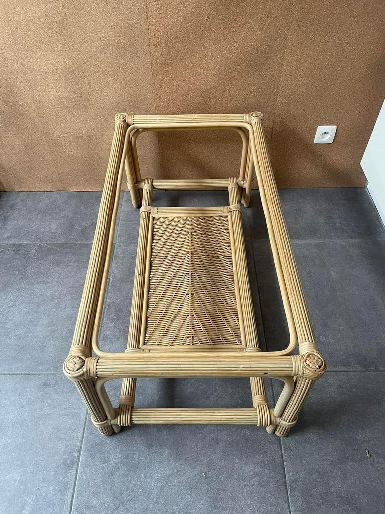 Table basse en rotin avec plateau en verre, Enlèvement, Rectangulaire, Rotan