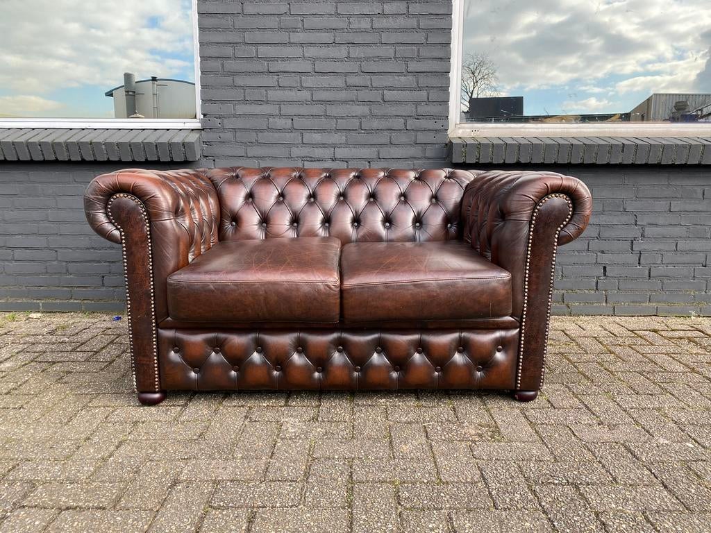 Klassieke Chesterfield zetel bruin gevlamd, Huis en Inrichting, Ophalen of Verzenden, Leer