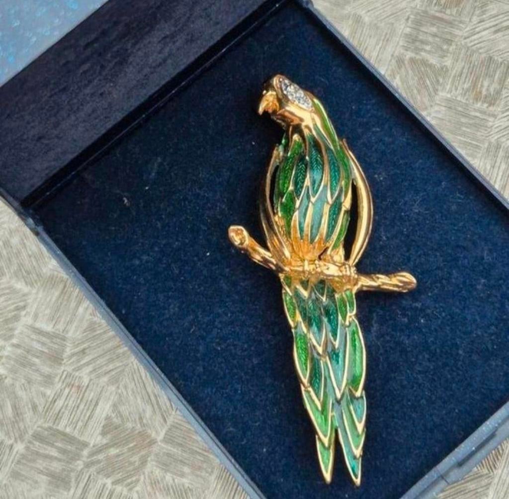 Vintage vergulde Marcel vogel/ papagaai geemaileerde broche, Handtassen en Accessoires, Broches, Ophalen of Verzenden, Zo goed als nieuw