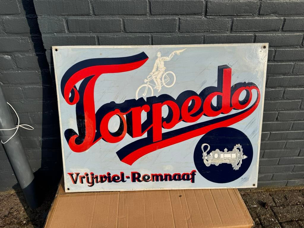Groot oud Torpedo emaille reclamebord, Ophalen, Gebruikt, Reclamebord