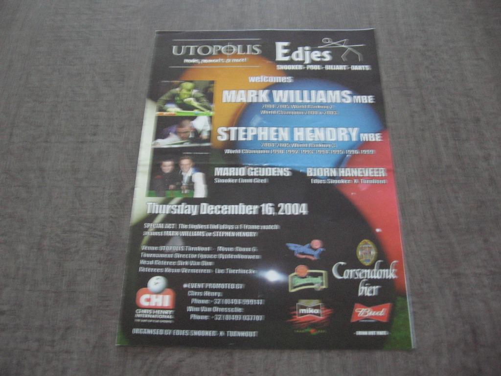 utopolis welcomes MARK WILLIAMS-STEPHEN HENDRY snooker !!!!!, Ophalen of Verzenden, Zo goed als nieuw, Overige typen