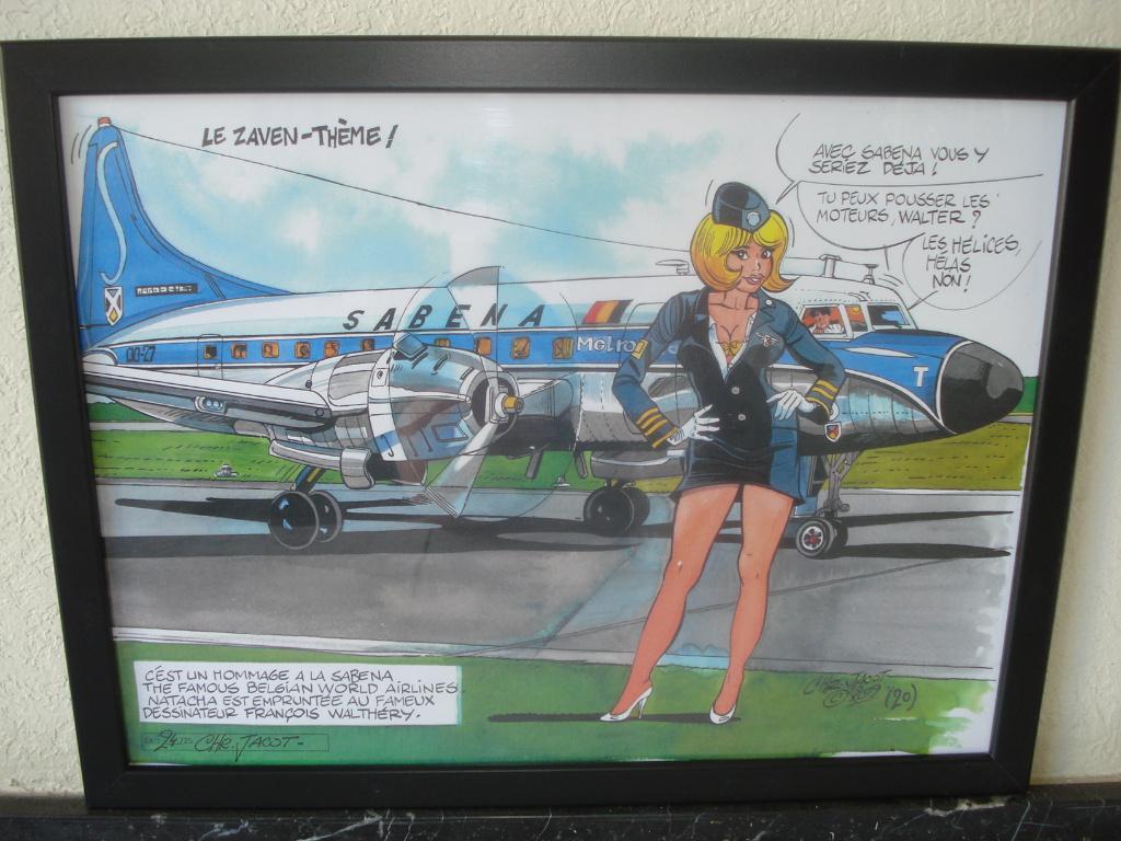Dessin Hommage à Natacha & à la Sabena avec son Douglas DC-7, Neuf, Enlèvement ou Envoi, Avec cadre, Rectangulaire horizontal