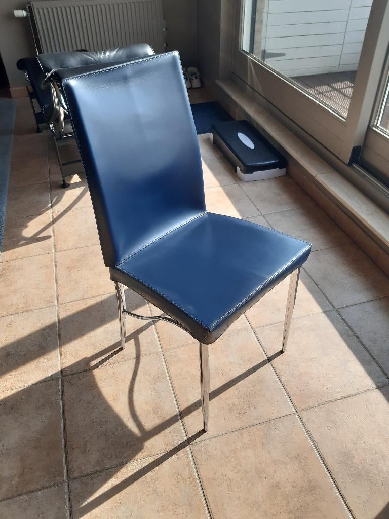 donkerblauw leren eetkamerstoel - set van zes, Ophalen, Gebruikt, Blauw, Vijf, Zes of meer stoelen