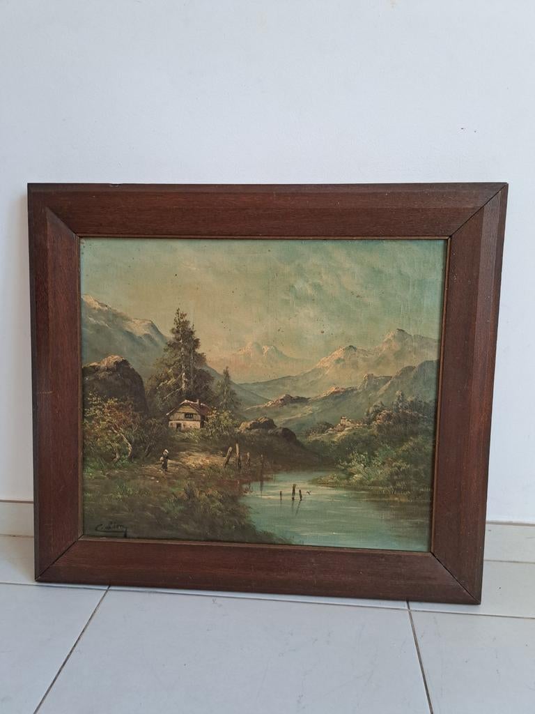 Une huile sur toile représentant un paysage de montagne pitt, Enlèvement ou Envoi