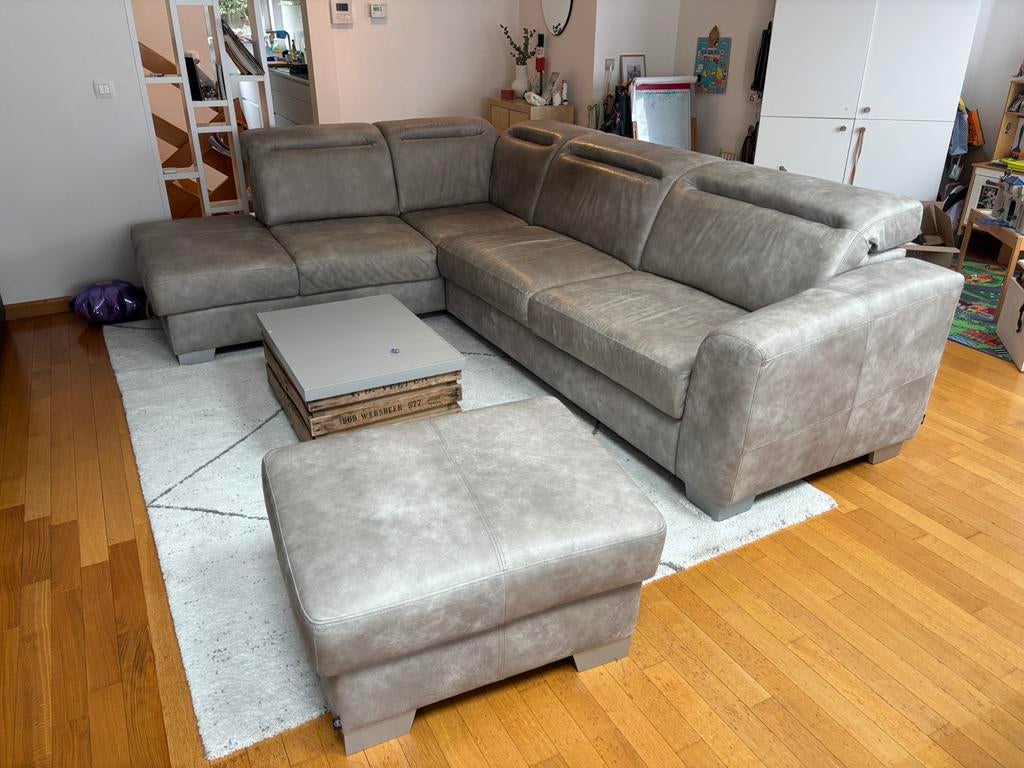 Canapé angle handers & hazel en cuir avec meridienne + pouf, Maison & Meubles, Canapés | Coins salons complets, Enlèvement, Utilisé