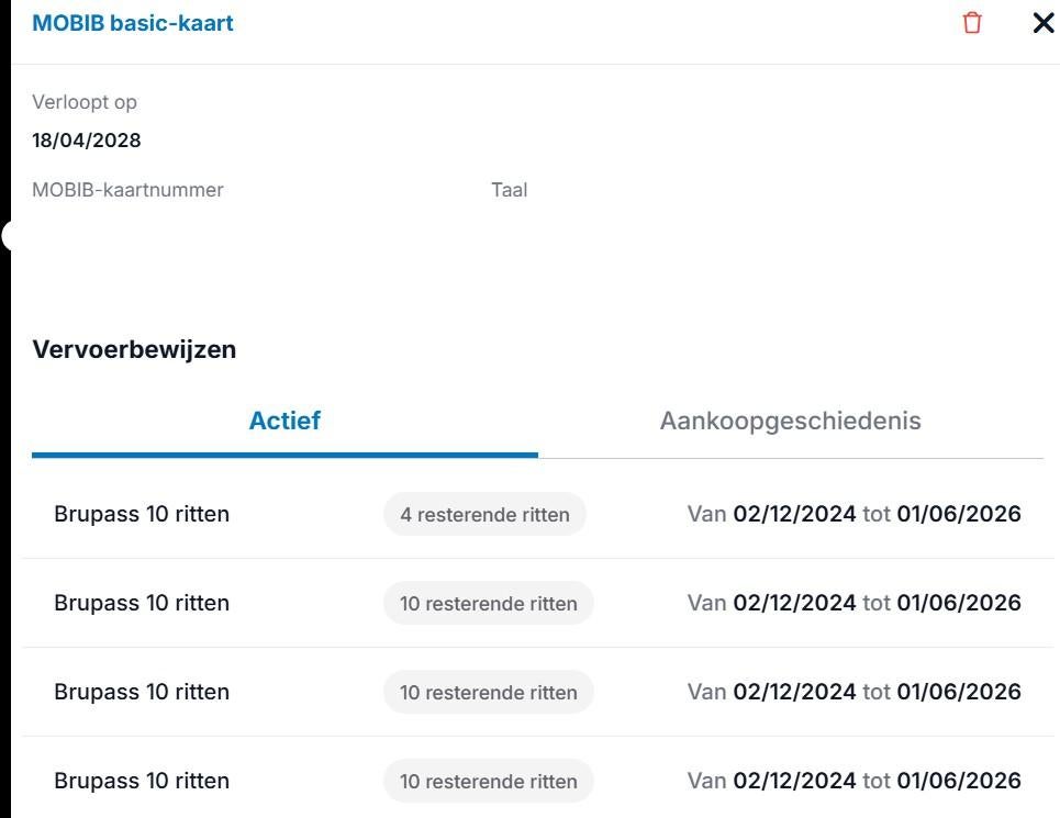 Mobib basic kaart met 34 brupass ritten t/m 1.6.2026