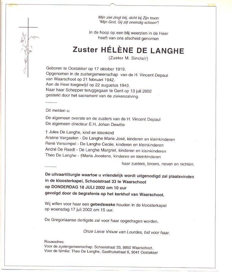 Doodsbrief Zuster Hélène DE LANGHE Oostakker Gent 2002, Verzamelen, Verzenden, Rouwkaart