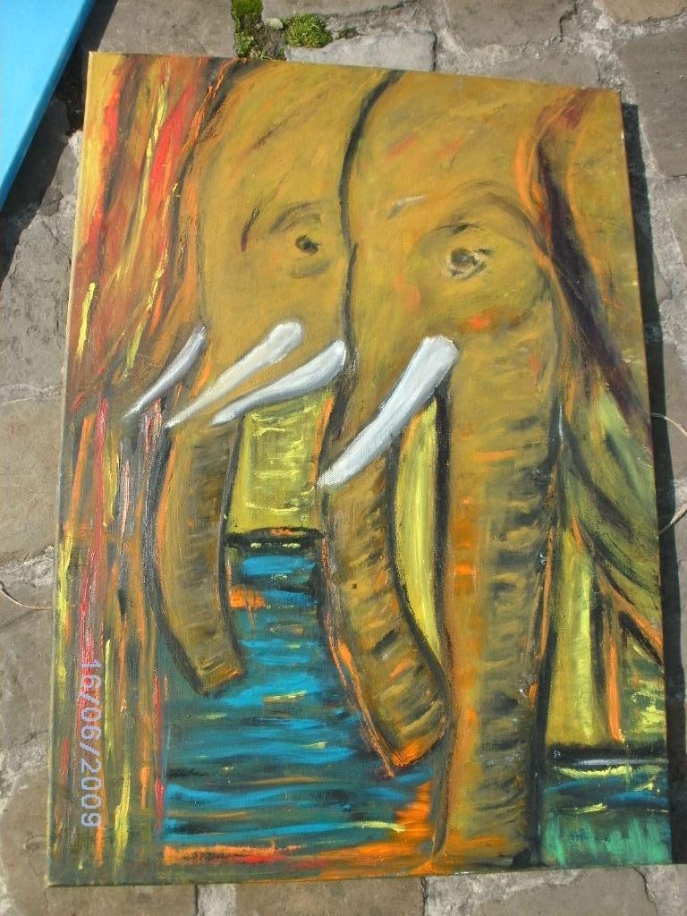 Olieverfschilderij "Olifanten bij de vijver"., Antiek en Kunst, Kunst | Schilderijen | Klassiek, Ophalen