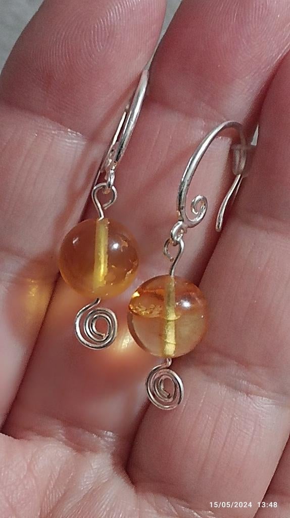 Boucles d'oreilles en argent avec ambre naturelle, Neuf, Jaune, Enlèvement ou Envoi, Argent